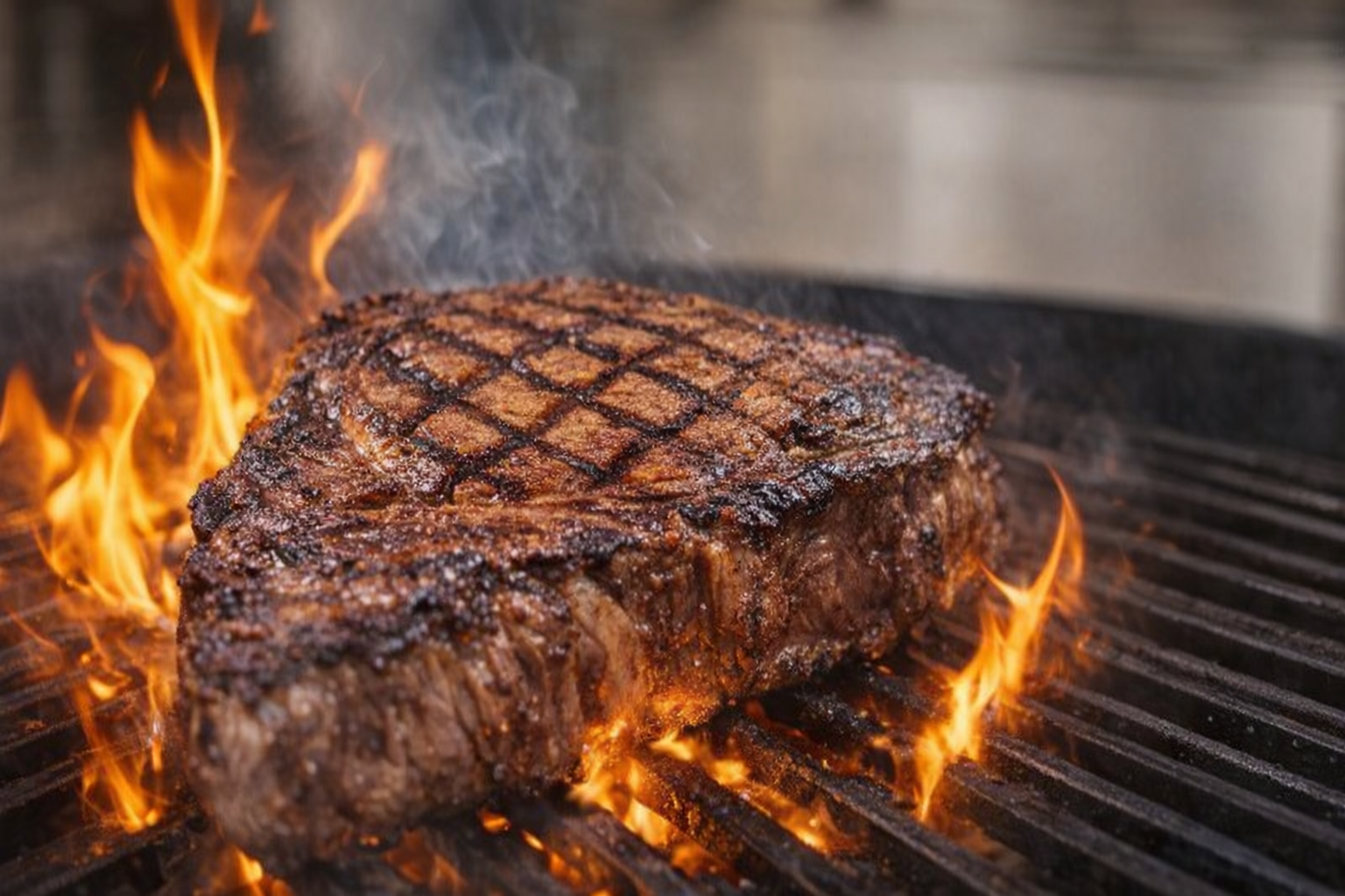 Close-up action shot of a ribeye steak sizzling on a grill, flames rising up the sides. The steak has distinct grill marks and a rich, brown crust. Focus on the sear and texture.